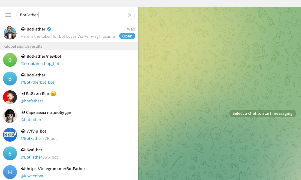 Use a barra de pesquisa do Telegram para encontrar o BotFather. Selecione o bot oficial, identificado pelo selo de verificação azul.