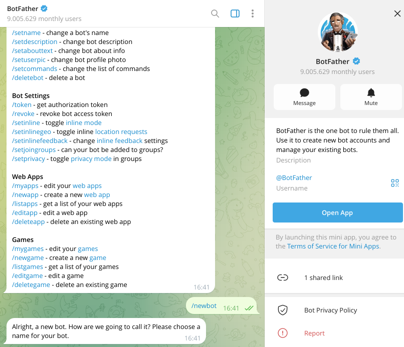 Após abrir o BotFather e pressionar Start, selecione o comando /newbot para iniciar a criação do seu bot.