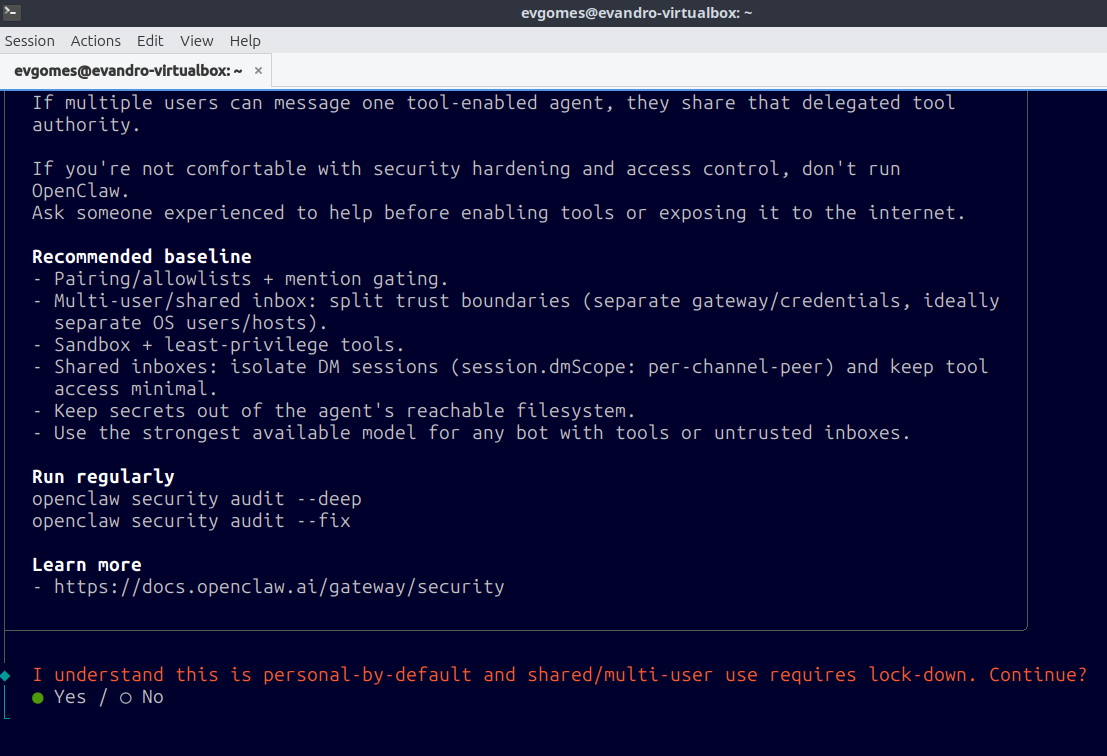 A tela inicial do assistente de configuração do OpenClaw exibindo a primeira pergunta.