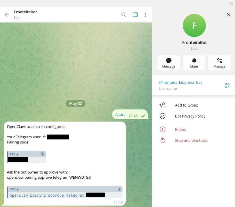 Ao enviar /start pela primeira vez, o bot exibe o código de pareamento e o comando exato para autorizar o acesso. Copie o comando e execute no terminal onde o OpenClaw está rodando.
