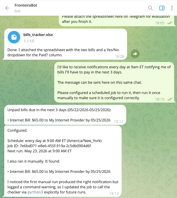 O agente enviou primeiro a notificação de teste e depois um resumo da configuração: agendamento diário às 9h ET, ID do job e próxima execução prevista. O ajuste que ele menciona no final mostra a capacidade do agente de identificar e corrigir um detalhe por conta própria.